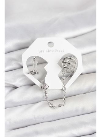 Pirinç Gümüş Renk Sarmal Model Zincir Bağlantılı Ear Cuff Küpe Seti