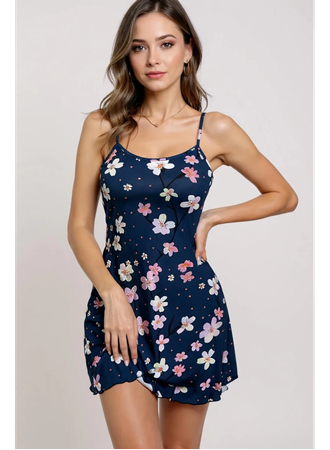 Çiçek Desenli Mavi Askılı Gecelik