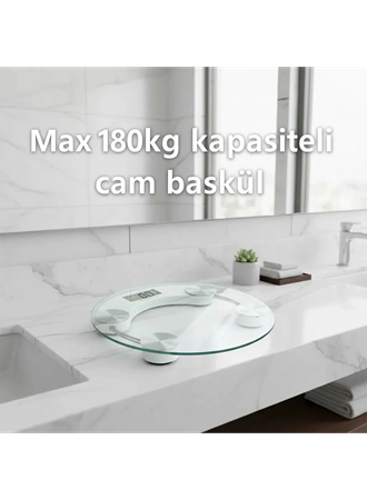 Yuvarlak Şeffaf Dijital Cam Baskül Tartı – 180 Kg Taşıma Kapasitesi, Hassas Ölçüm, Şık Tasarım Terazi (