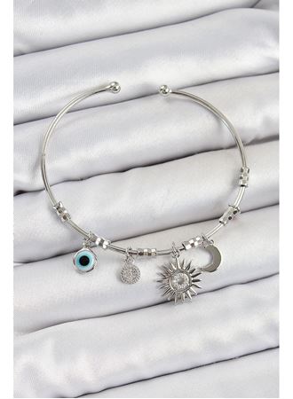 Pirinç Zirkon Taşlı Güneş Ay Ve Nazar Model Gümüş Renk Charm Bileklik