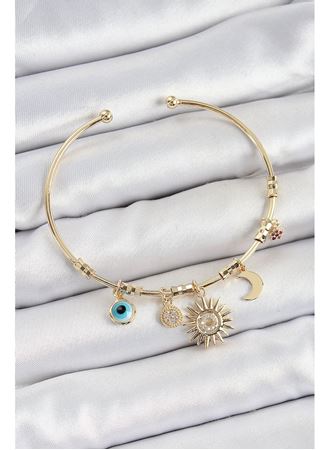 Pirinç Zirkon Taşlı Güneş Ay Nazar Model Gold Renk Charm Bileklik