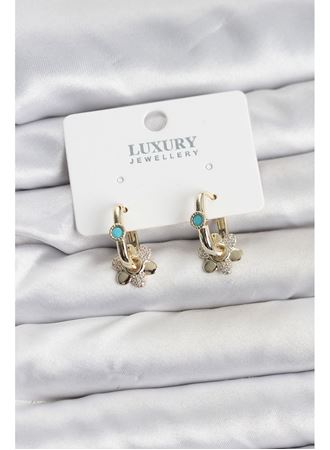 Mavi Taş Detaylı Pirinç Gold Renk Kadın Göçmen Küpesi