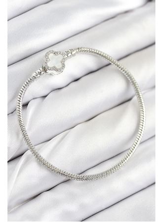 Pirinç Charm Zirkon Taşlı Yonca Model Gümüş Renk Kadın Bileklik