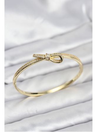 Pirinç Gold Renk Zirkon Taşlı Fiyonk Model Kadın Kelepçe Bileklik