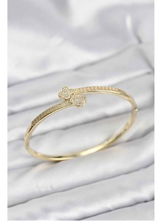 Pirinç Gold Renk Zirkon Taşlı Yonca Model Kadın Kelepçe Bileklik