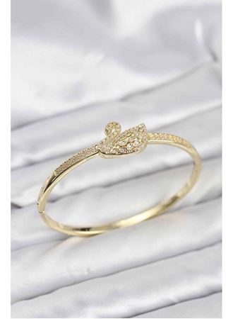 Pirinç Gold Renk Zirkon Taşlı Kuğu Model Kadın Kelepçe Bileklik