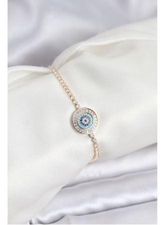 Gold Renk Nazar Model Zirkon Taşlı Asansörlü Su Yolu Bileklik