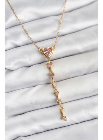 316L Çelik Zincir Gold Renk Pembe Kalp Kadın Kolye