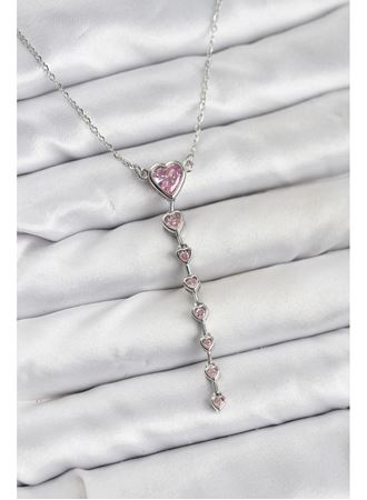 316L Çelik Zincir Gümüş Renk Pembe Kalp Kadın Kolye
