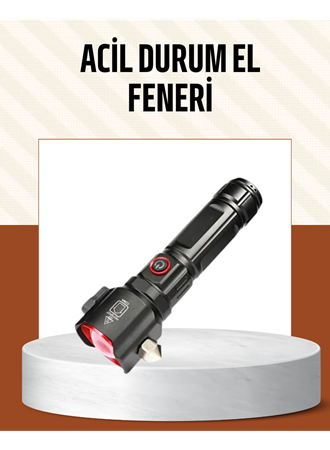 Çekiçli Pusulalı Acil Durum Feneri USB Şarjlı Çok Fonksiyonlu