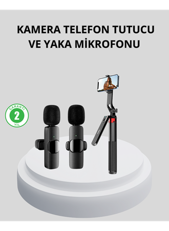 Kablosuz Çift Yaka Mikrofonu ve Tripodlu Selfie Çubuğu İçerik Üretici Seti