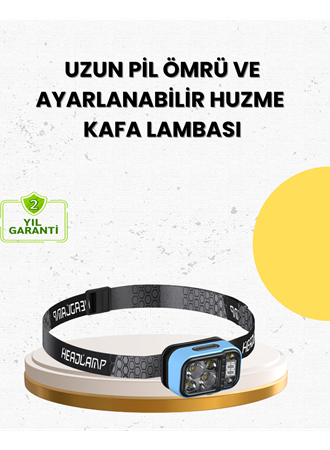 Üç Renkli LED Kafa Feneri 53 Mod Güç Göstergeli Type C Şarjlı