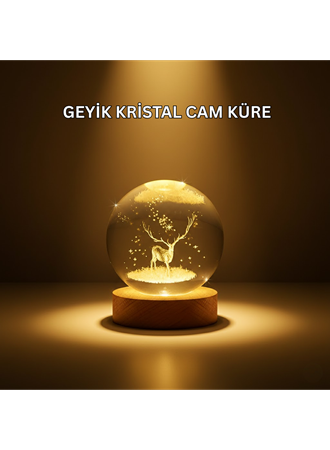 USB Bağlantılı Geyik Temalı Kristal Küre Premium Masa Gece Lambası