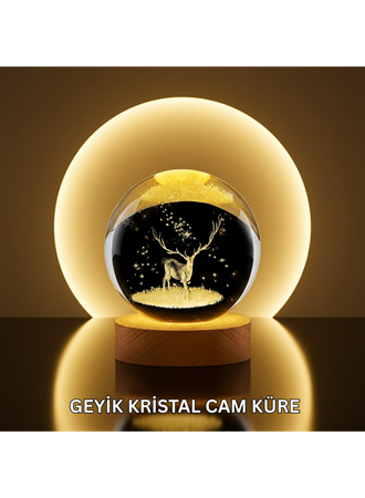 Doğal Ahşap Standlı Geyik Figürlü Kristal Küre LED Dekoratif Lamba