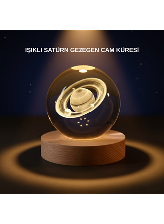 Satürn Desenli Kristal Küre LED Gece Lambası Ahşap Standlı