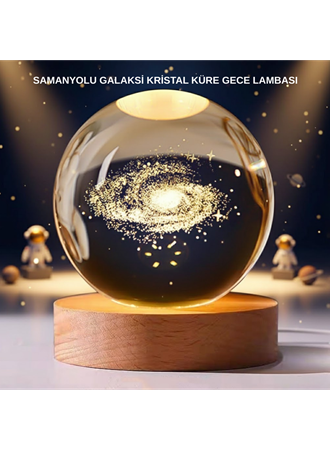 Samanyolu Desenli Kristal Küre Ahşap Standlı Gün Işığı LED Masa Lambası