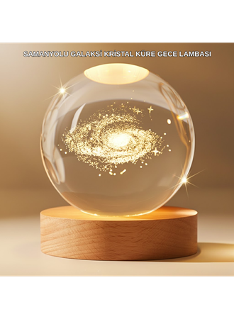 Gün Işığı LED’li 3D Kristal Galaksi Küre Ahşap Tabanlı Dekoratif Lamba
