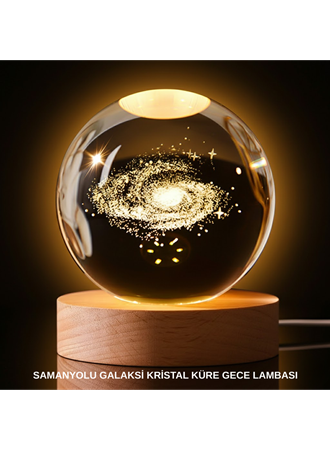3D Samanyolu Galaksi Kristal Küre USB LED Işıklı Ahşap Standlı Gece Lambası