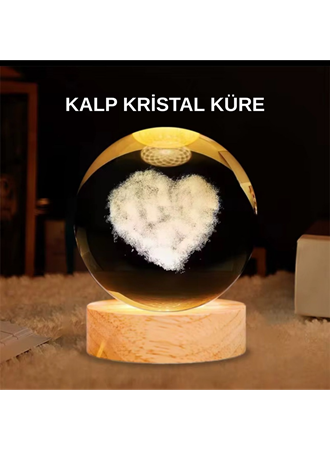 LED Işıklı Kalp Desenli Cam Küre Büyük Boy Ahşap Tabanlı