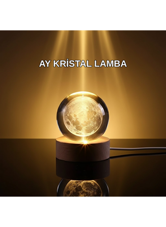 3D Lazer İşlemeli Ay Küresi Ahşap Standlı USB Bağlantılı Dekoratif Lamba