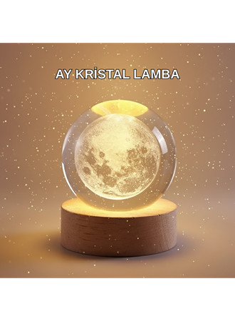 8 cm Ay Desenli Kristal Küre Sıcak LED Işıklı Ahşap Tabanlı Oda Lambası
