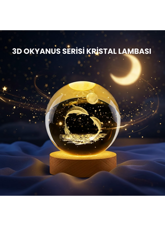 Yunus Figürlü LED Kristal Küre Ahşap Standlı Dekoratif Gece Lambası