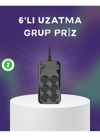 6 Prizli Çoklu Uzatma Kablosu USB Type-C Hızlı Şarj Termal Koruma