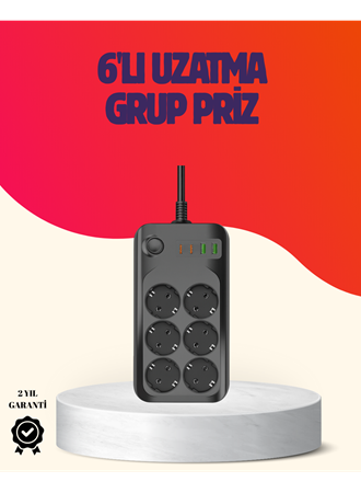 USB Type-C Destekli Termal Korumalı 6’lı Uzatma Priz 10A 2m