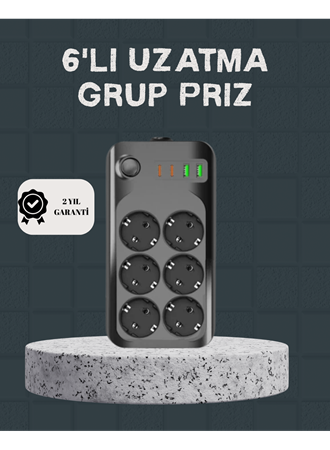 Termal Akım Korumalı 6’lı Uzatma Priz USB Type-C Hızlı Şarj 2500W