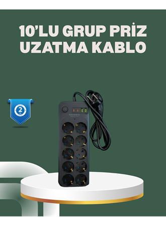 Termal Koruma Sistemli USB Type-C 10’lu Grup Priz 2m 2500W Güç Kapasiteli