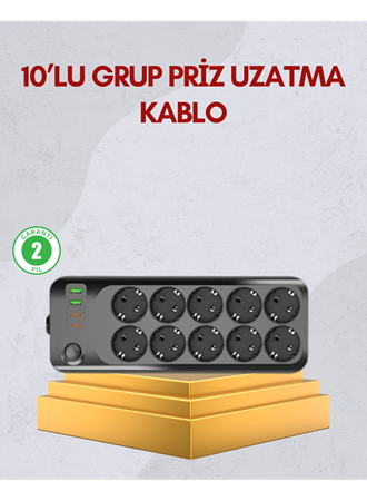 10 Prizli Uzatma Kablosu Termal Koruma USB Type-C Hızlı Şarj 2500W