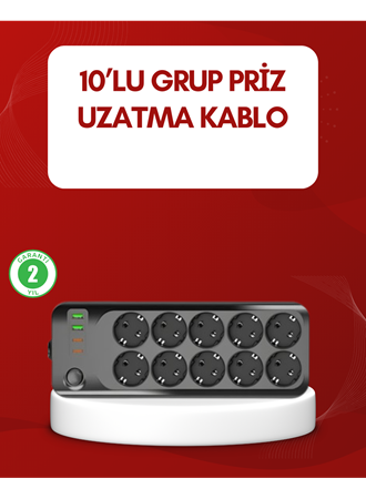 USB Type-C Destekli 10’lu Grup Priz Termal Korumalı 2m Kablo 2500W
