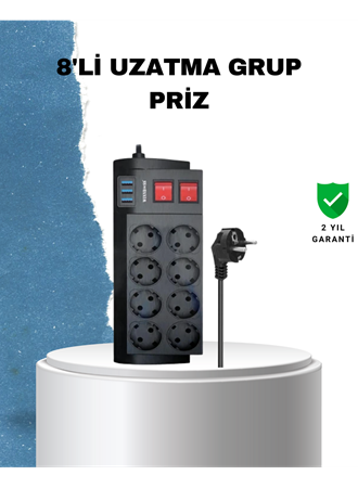 2 Metre Güçlü Çoklu Priz 8 Soket