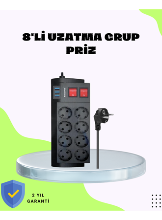 Termal Korumalı 8 Prizli 3 USB’li Uzatma Kablosu