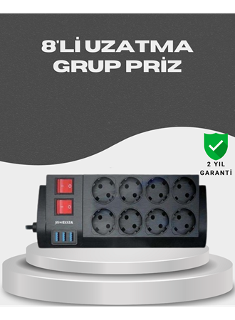 Akım Korumalı 8’li Priz 3 USB’li Uzatma Kablosu Isıya Dayanıklı 2 Metre