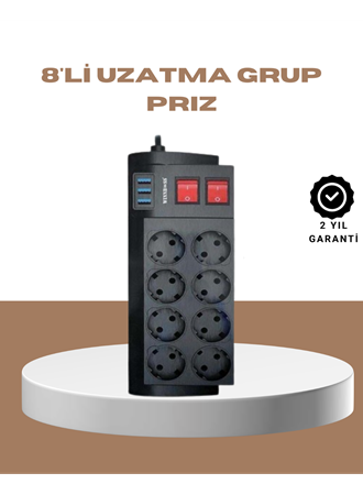 Güçlü Termal Korumalı 8 Priz + 3 USB Çoklu Uzatma Kablosu 2m