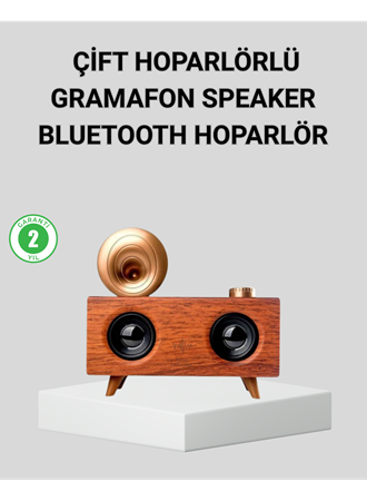 Retro Gramafon Bluetooth Hoparlör Çift Stereo Sesli FM Radyo Destekli