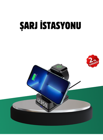 Kablosuz Şarjlı Dijital Masa Saati – 3 Parlaklık Seviyeli LED, Hızlı Şarj, Apple Uyumlu