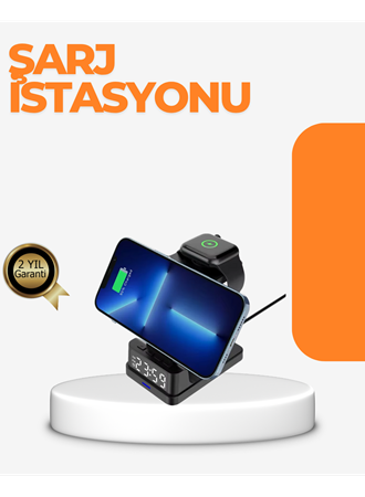 4’ü 1 Arada Kablosuz Şarj İstasyonu – LED Saat Ekranlı, Apple Uyumlu, Akıllı Güvenlik Koruması