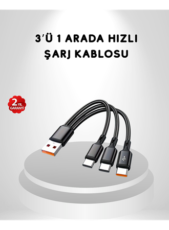 3’ü 1 Arada Hızlı Şarj Kablosu iOS Android Type-C Uyumlu ve Dayanıklı