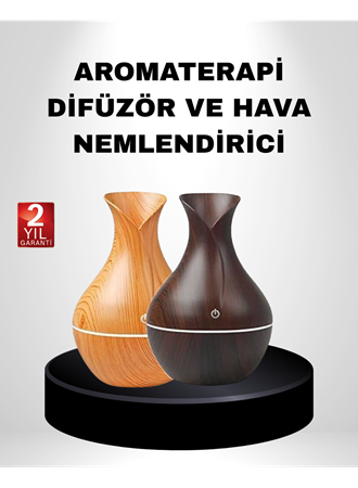 Ahşap Desenli Aromaterapi Difüzör 130 ml Ultrasonik ve 7 Renk LED Işıklı