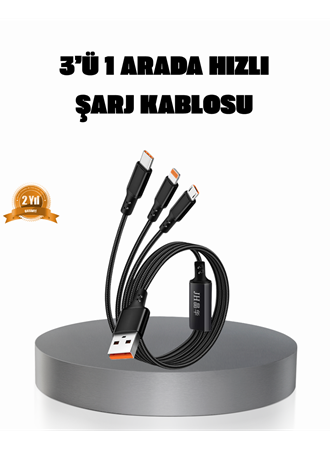 3’ü 1 Arada Şarj Kablosu Type-C iOS Android Uyumlu Hızlı ve Güvenli Şarj