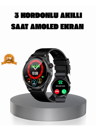 AMOLED Ekranlı Smartwatch – 3 Kordonlu, Kalp Atış & Uyku Takipli Akıllı Saat