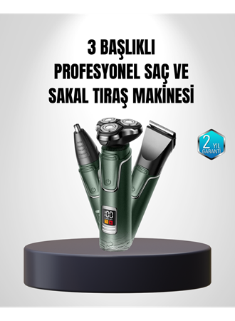 3D Akıllı Kesim Teknolojili Şarjlı Tıraş Seti – 3 Başlıklı, Paslanmaz Çelik Bıçaklı