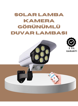 Güneş Enerjili LED Lamba + Güvenlik Kamerası Görünümlü– 5-8 m Hareket Algılamalı, Beyaz Işık
