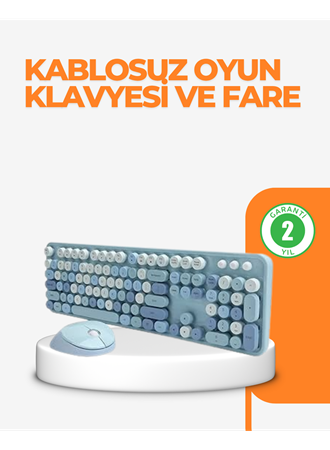 Kablosuz Retro Klavye ve Mouse Seti – 104 Tuşlu Sevimli Tasarım