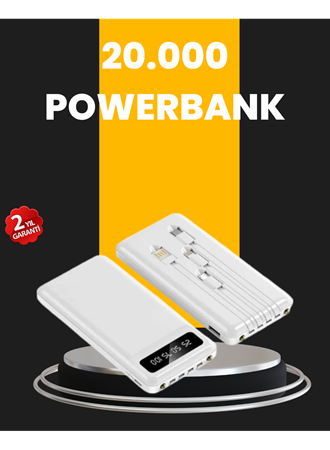LED Işıklı 20.000mAh Powerbank LCD Gösterge Dahili Çoklu Kablo