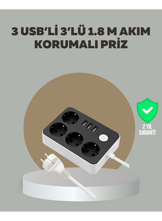 4 Prizli 3 USB Portlu Anahtarlı Akım Korumalı Priz