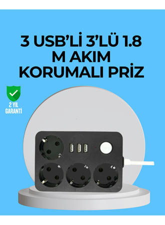 3 USB Çıkışlı 4’lü Akıllı Priz 2500W 2 Metre Kablo