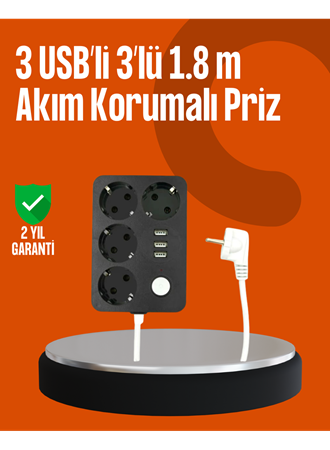 Akım Korumalı 3 USB Portlu 4’lü Priz 4.1A Hızlı Şarj
